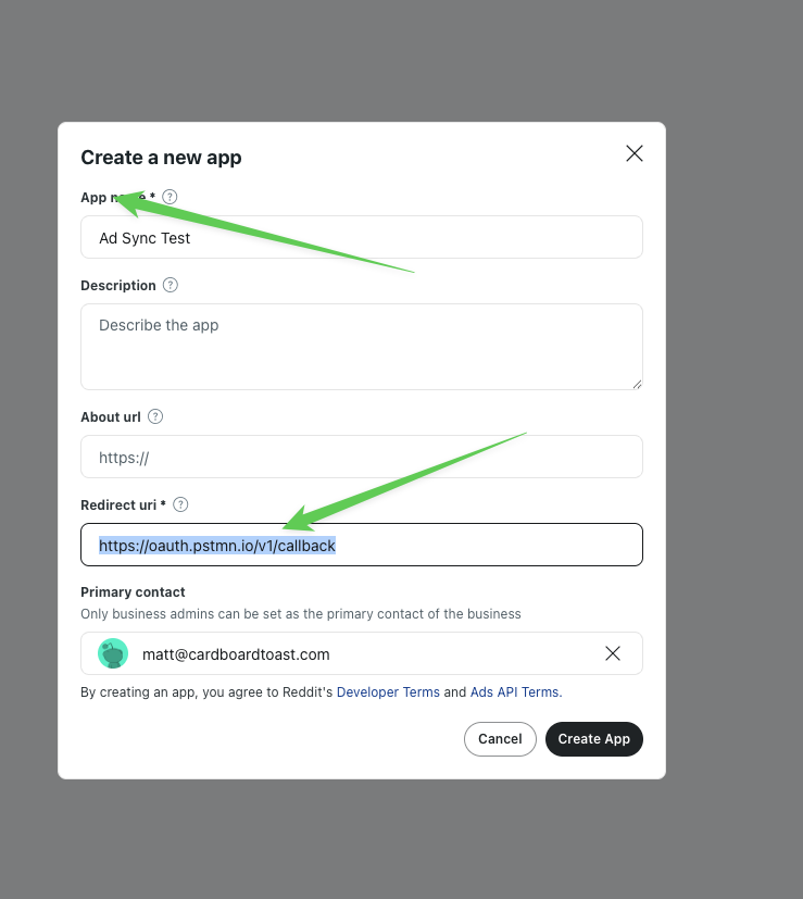 Create app modal with fields filled in